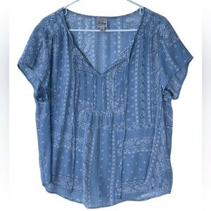 COMO VINTAGE WOMENS BLUE WHITE SHORT SLEEVE V-NECK LIGHTWEIGHT BLOUSE SIZE XL